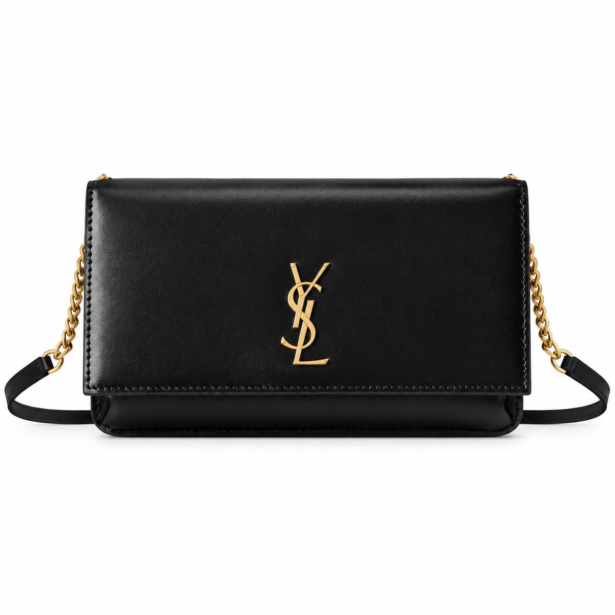 YSL Saint Laurent Kate Small Chain Bag Black Smooth Leather Gold YSL Monogram Gold Chain Strap