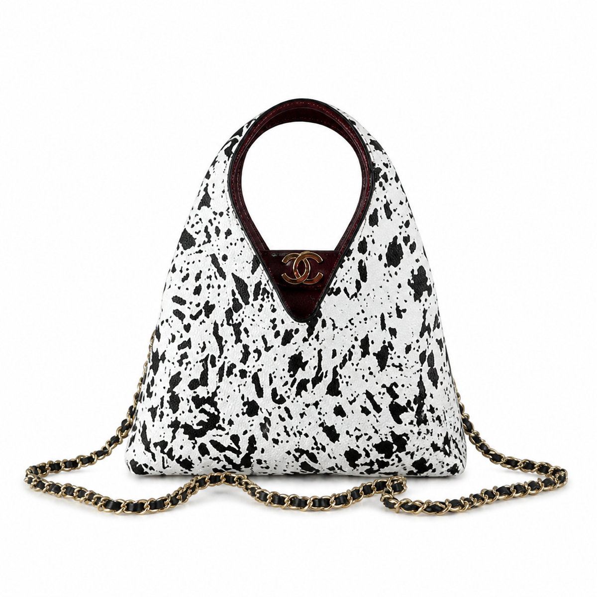 Chanel White Leather Ink-Splatter Triangle Pyramid Bag | Oxblood Handle & Interior — 23cm