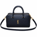 Saint Laurent YSL diamond quilted Boston top handle bag in navy blue calfskin leather with gold hardware and crossbody strap
