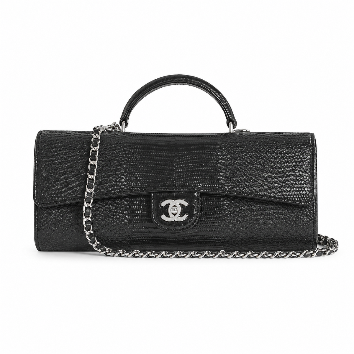 Chanel Black Lizard-Embossed Baguette Flap Bag | Top Handle & Silver Chain