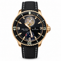 Blancpain Fifty Fathoms flying tourbillon rose gold black dial power reserve indicator black ceramic bezel sailcloth strap 300m dive watch