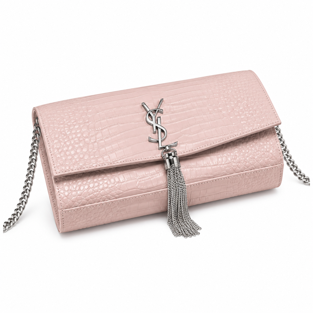 YSL Kate Tassel Chain Bag – Blush Croc-Embossed Leather