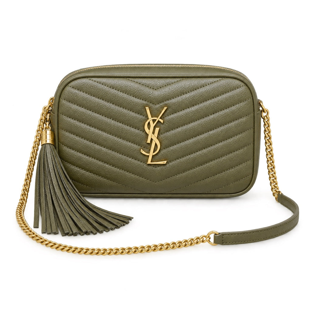 YSL Saint Laurent Lou Camera Bag Khaki Matelasse Chevron Leather Gold YSL Monogram Leather Tassel Gold Chain Strap