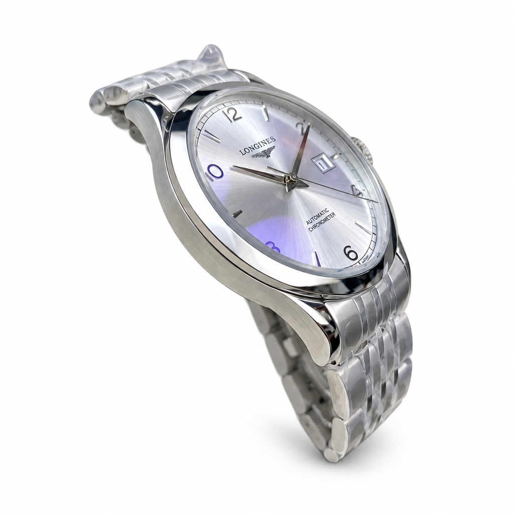 Longines Record Silver Dial Blue Hands Steel Bracelet Chronometer Watch