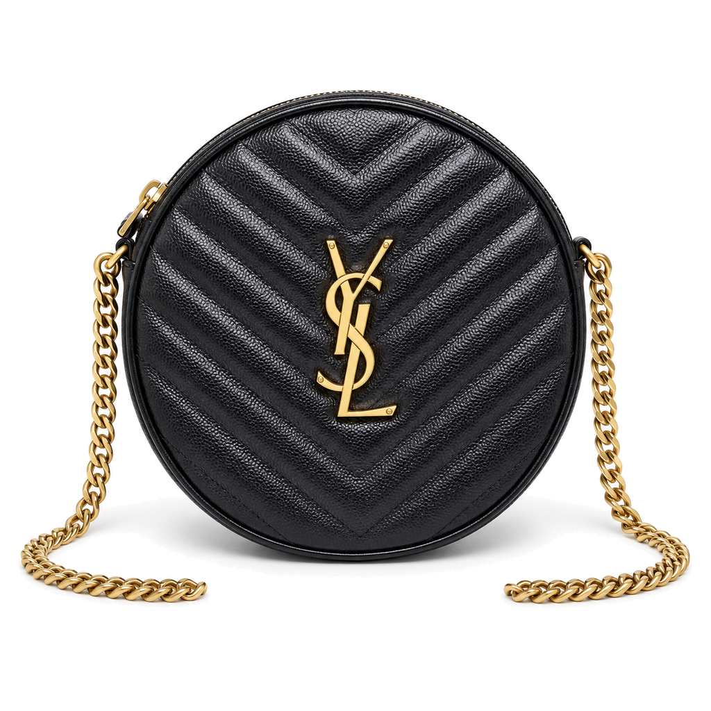 YSL Saint Laurent Vinyle Round Chain Bag Black Matelasse Chevron Leather Gold YSL Monogram Gold Curb Chain Strap