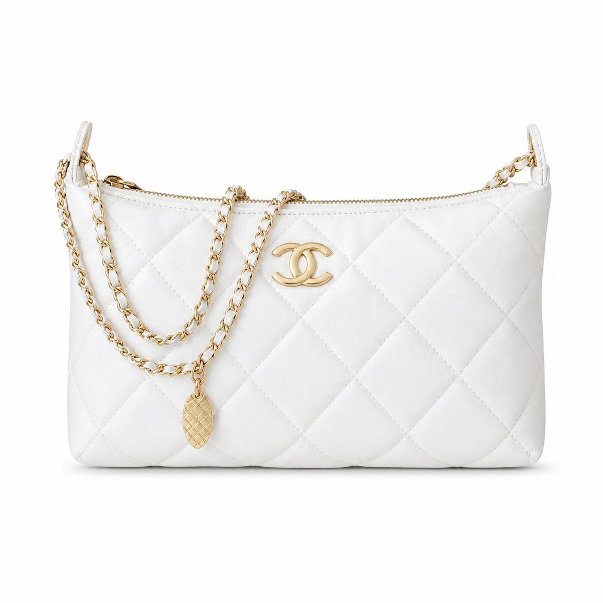 Chanel White Lambskin CC Hobo Bag Quilted Chain