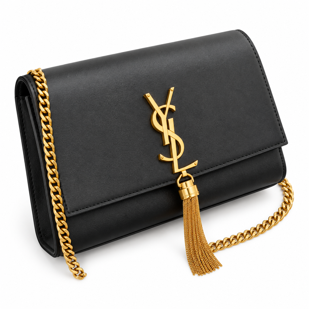 YSL Saint Laurent Kate Chain Bag in Black Smooth Leather with Gold Tassel