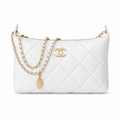 Chanel White Quilted Lambskin Hobo | Draped Gold Chain & Quilted Oval Charm — 26cm