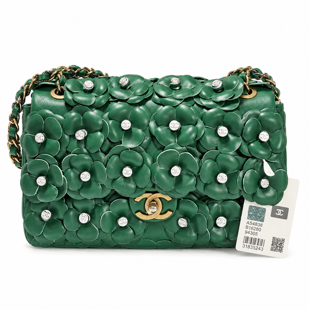 Chanel Camellia Flap Bag Green Lambskin Antique Gold 25cm
