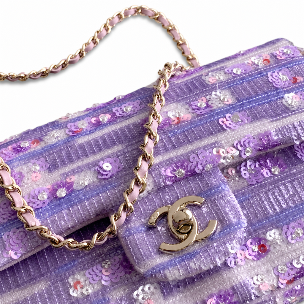 Chanel Sequin Single Flap Bag Lavender Silver Hardware