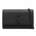 Saint Laurent YSL Kate medium chain crossbody bag in all-black grained calfskin leather with tonal matte black YSL monogram and black curb chain strap triple black