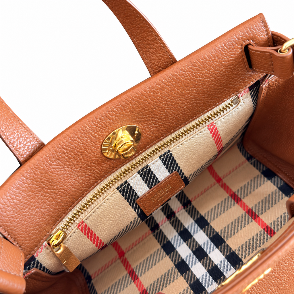 Burberry Cognac Check-Panel Top Handle Bag