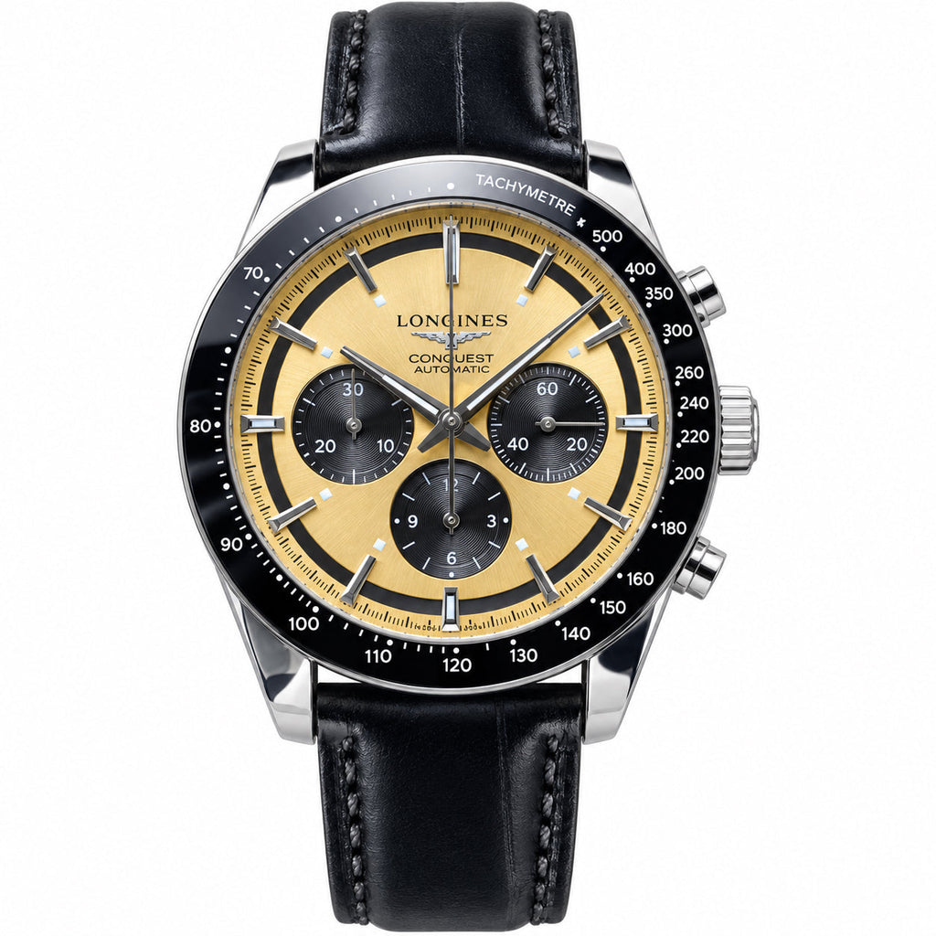 Longines Conquest Automatic Chronograph with champagne dial, black bezel and black leather strap