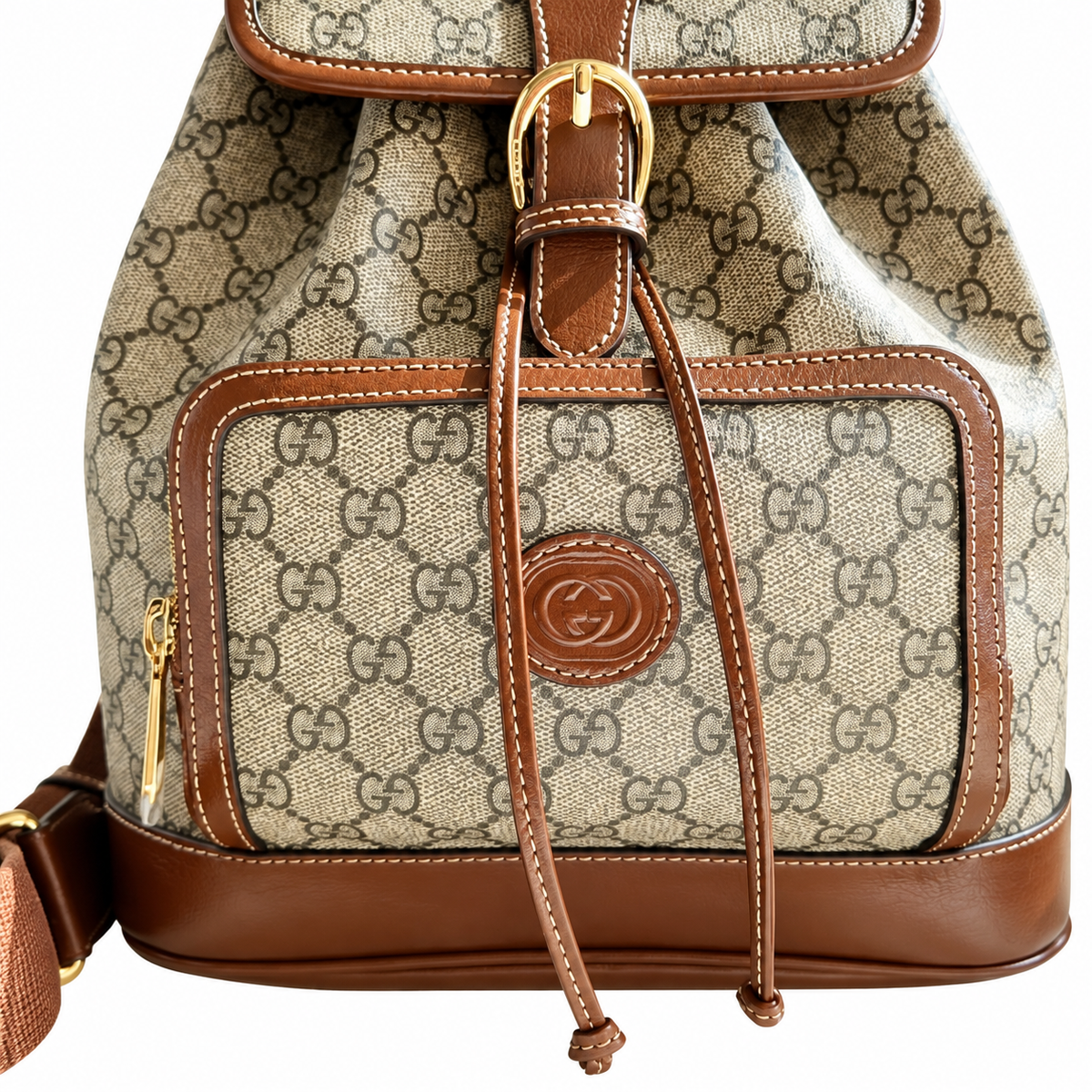 Gucci GG Supreme Canvas Medium Backpack with Brown Leather Trim