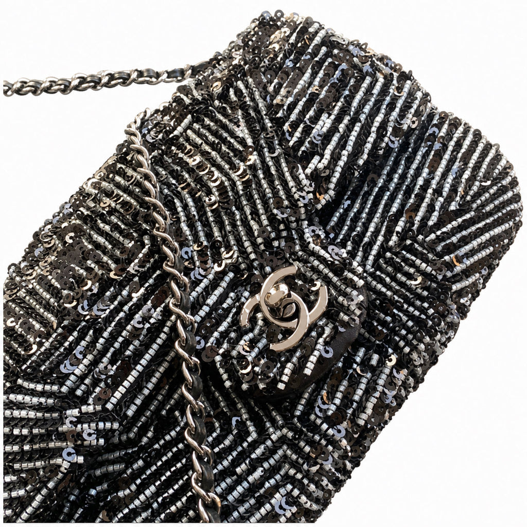 Chanel Small Flap Bag Black Micro-Bead & Sequin Hand-Embroidered Chevron | Ruthenium Chain — 20cm