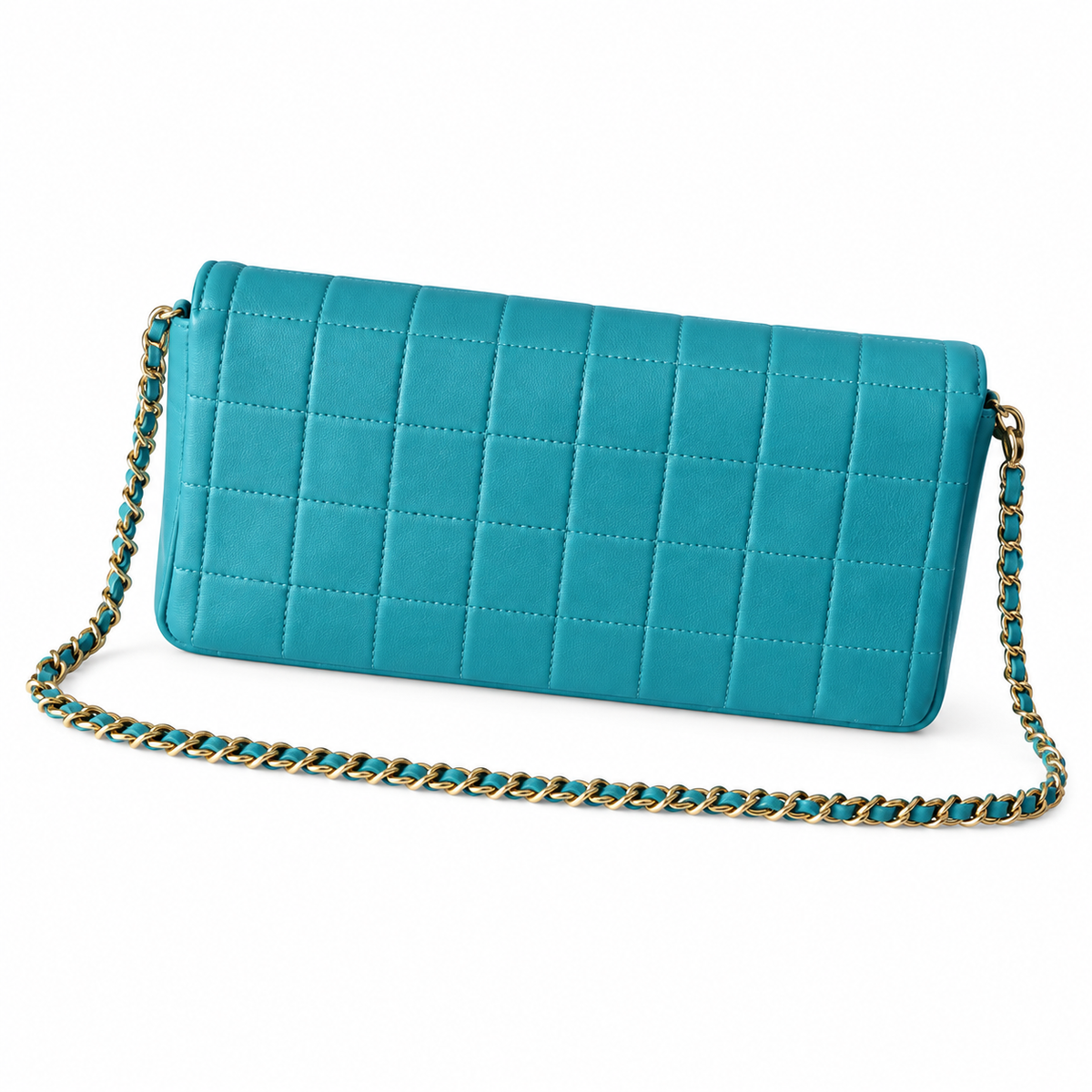Chanel Square Quilted Lambskin East West Flap Bag Teal Gold 26cm