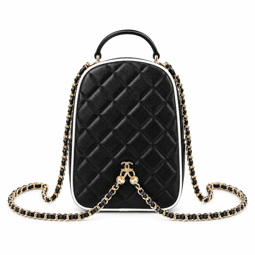 Chanel Quilted Lambskin Mini Backpack Black White Piping 18×13×9cm