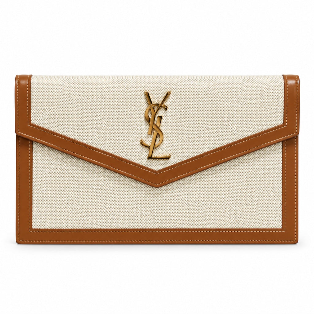 YSL Saint Laurent Cassandre Envelope Clutch in Natural Linen and Tan Leather
