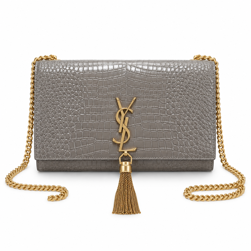 Saint Laurent YSL Kate Tassel chain crossbody bag in grey croc-embossed patent leather with oversized gold YSL monogram gold curb chain and gold tassel