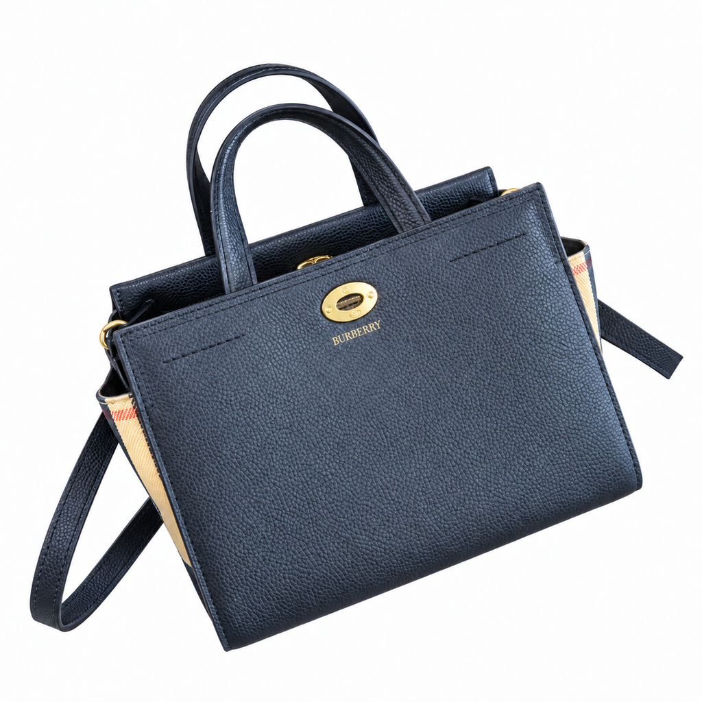 Burberry Navy Check-Panel Top Handle Bag
