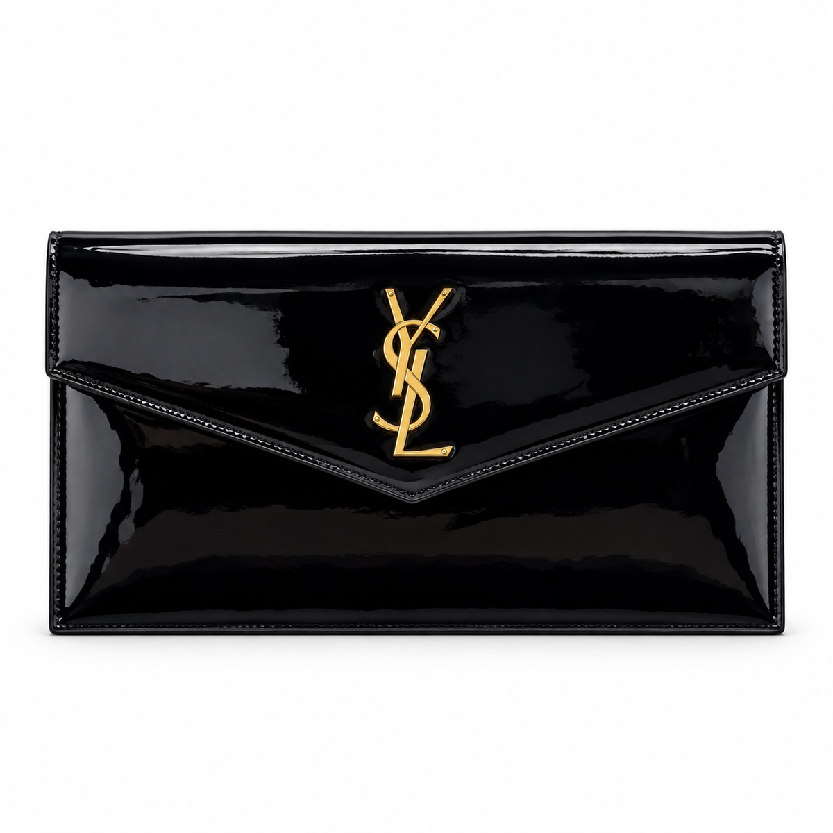 YSL Saint Laurent Cassandre Envelope Clutch Black Patent Leather Gold YSL Monogram V-Flap Evening Bag