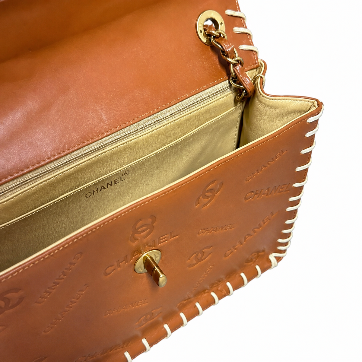 Chanel CC Monogram Embossed Tan Leather Flap Bag Whipstitch