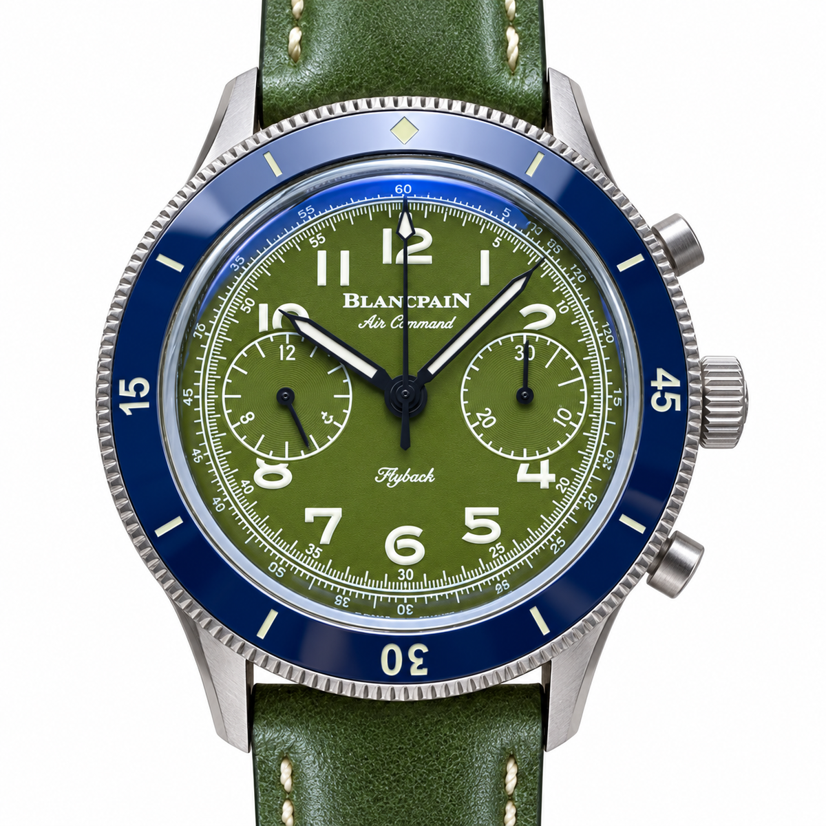 Blancpain Air Command military green dial flyback chronograph blue ceramic tachymeter bezel green leather strap automatic pilot watch