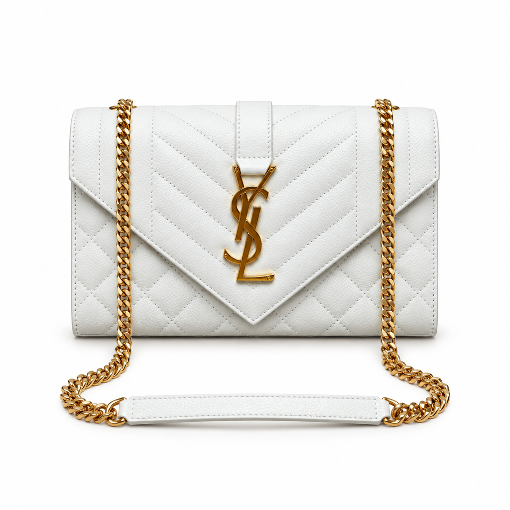 YSL Envelope Quilted Leather Chain Shoulder Bag White