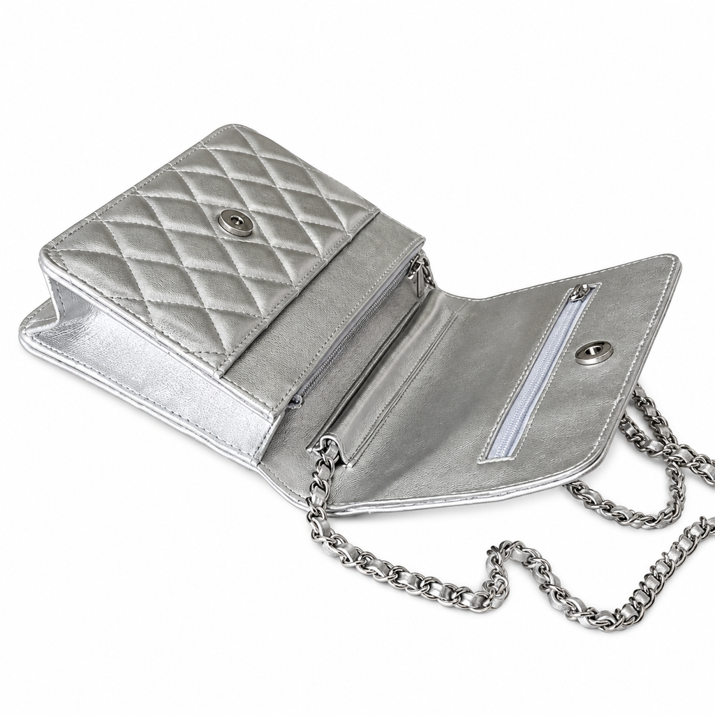 Chanel Classic WOC Silver Metallic Quilted Chain Bag