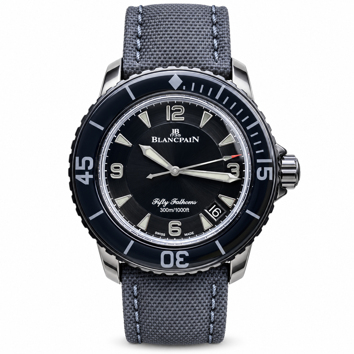 Blancpain Fifty Fathoms titanium black dial ceramic bezel 300m grey sailcloth canvas strap