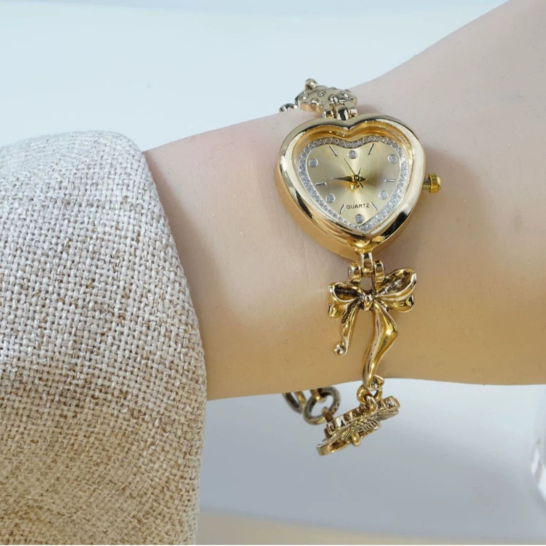 Women's Heart-Shaped Charm Bracelet Watch 37mm | Gold Fairy & Floral Chain Timepiece